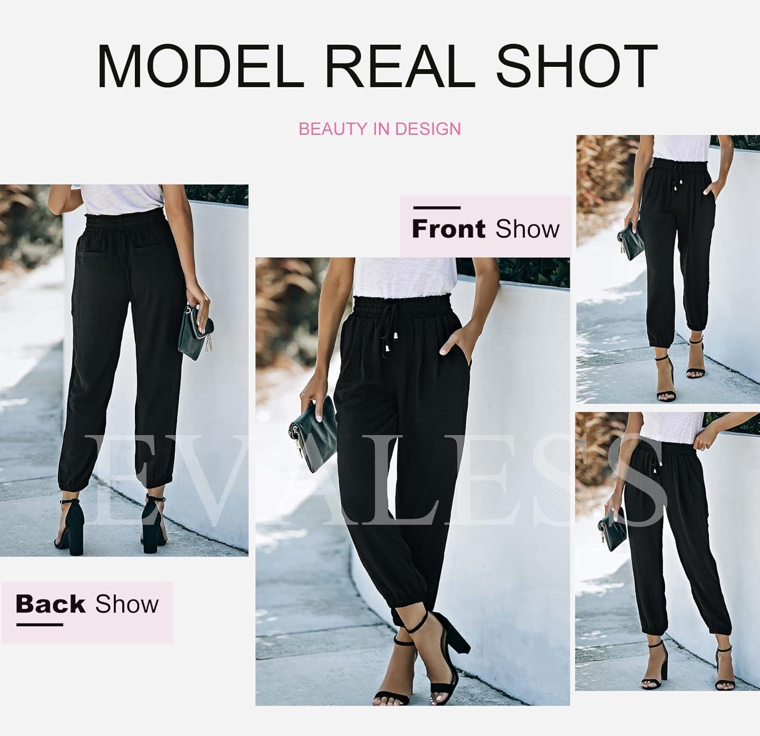 imageEVALESS Womens 2025 Summer Casual Pants Drawstring Elastic High Waisted Work Trousers Joggers Trendy Harem Pants with PocketsB Black