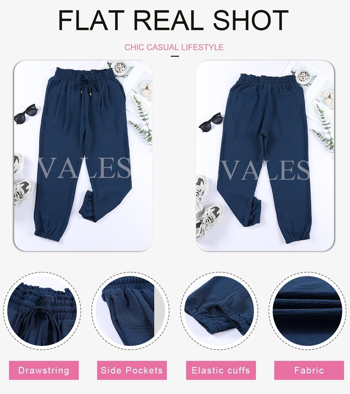 imageEVALESS Womens 2025 Summer Casual Pants Drawstring Elastic High Waisted Work Trousers Joggers Trendy Harem Pants with PocketsB Blue