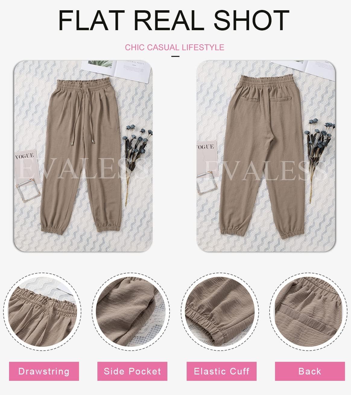 imageEVALESS Womens 2025 Summer Casual Pants Drawstring Elastic High Waisted Work Trousers Joggers Trendy Harem Pants with PocketsB Khaki