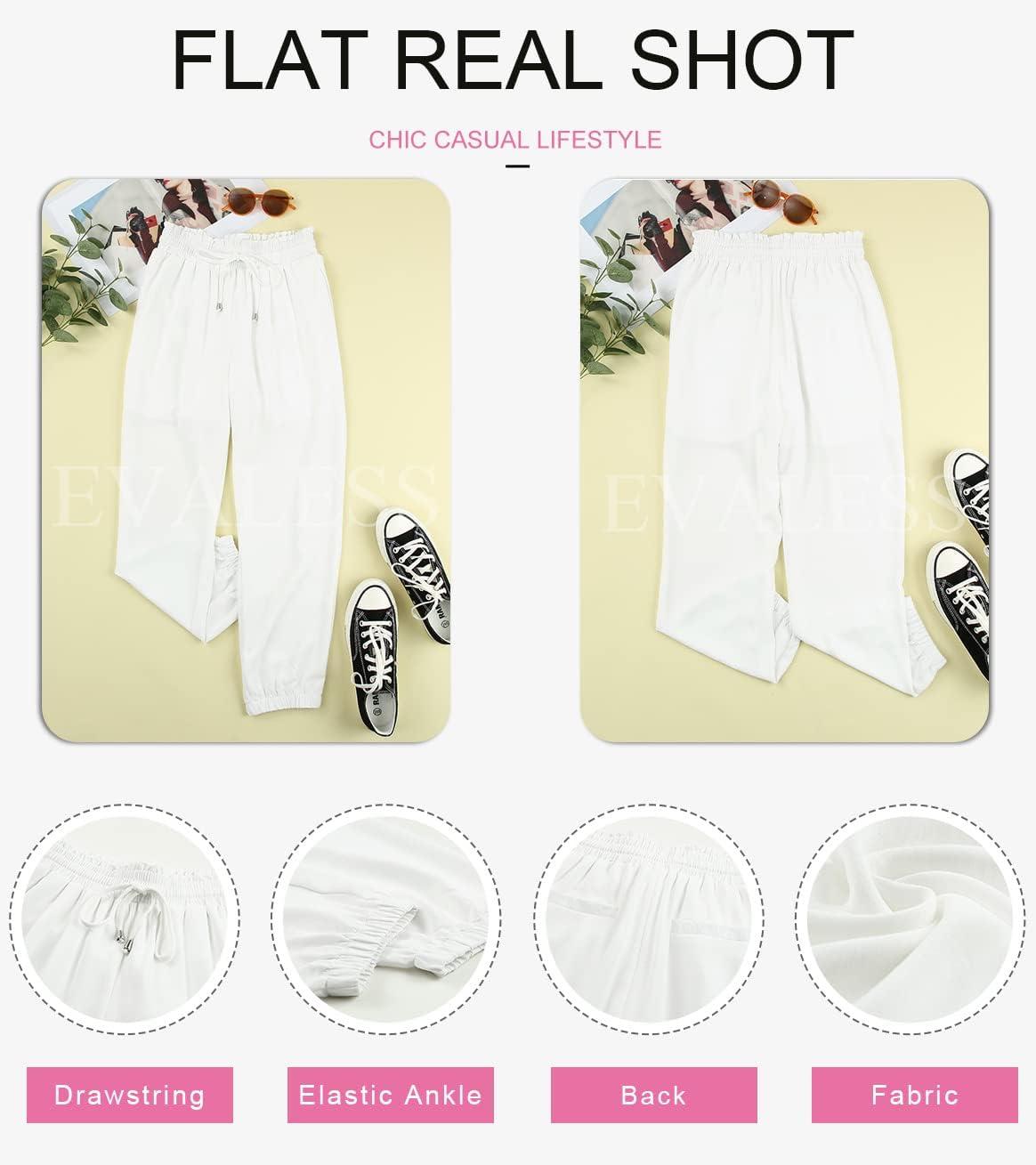 imageEVALESS Womens 2025 Summer Casual Pants Drawstring Elastic High Waisted Work Trousers Joggers Trendy Harem Pants with PocketsB White