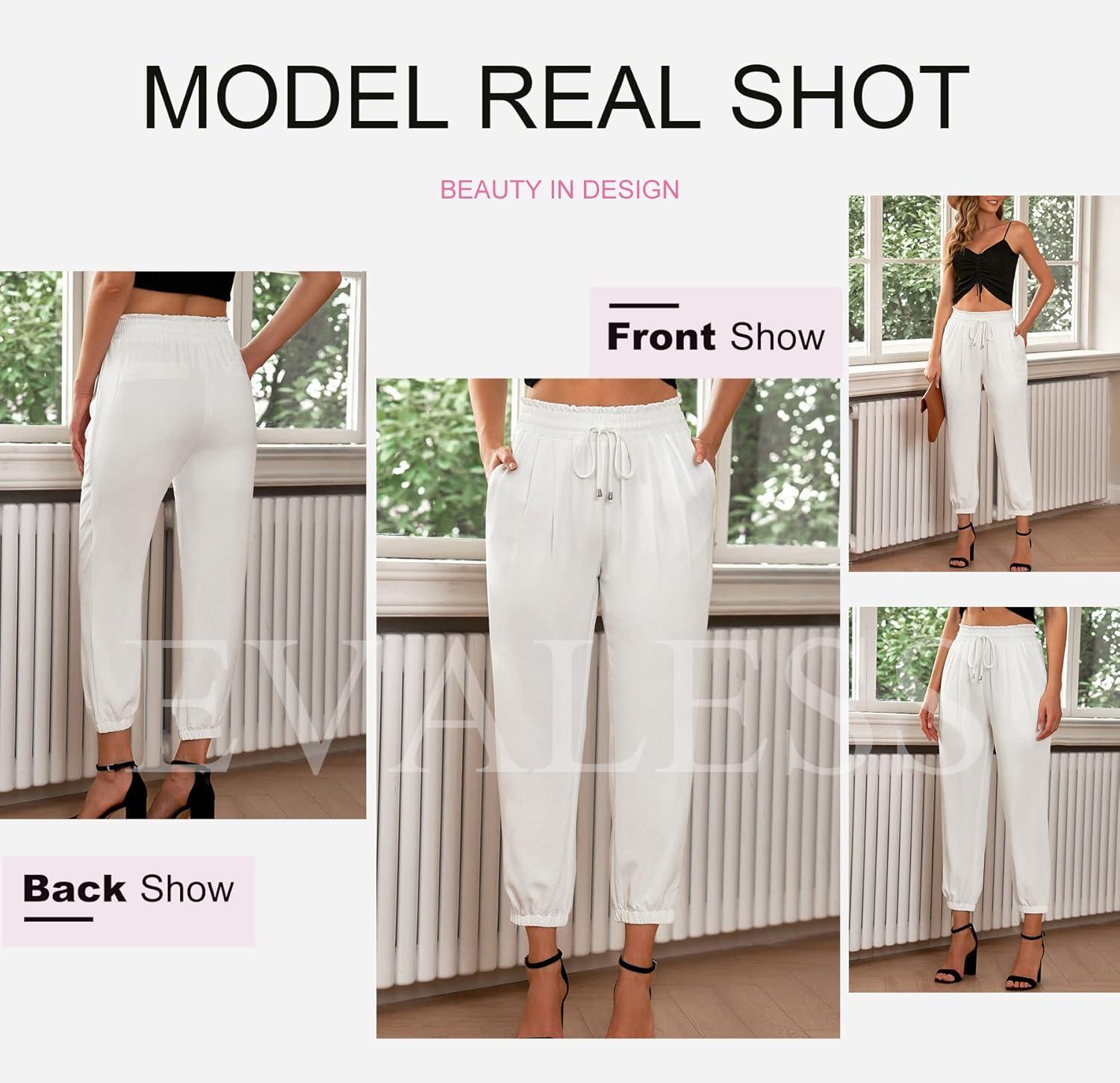 imageEVALESS Womens 2025 Summer Casual Pants Drawstring Elastic High Waisted Work Trousers Joggers Trendy Harem Pants with PocketsB White