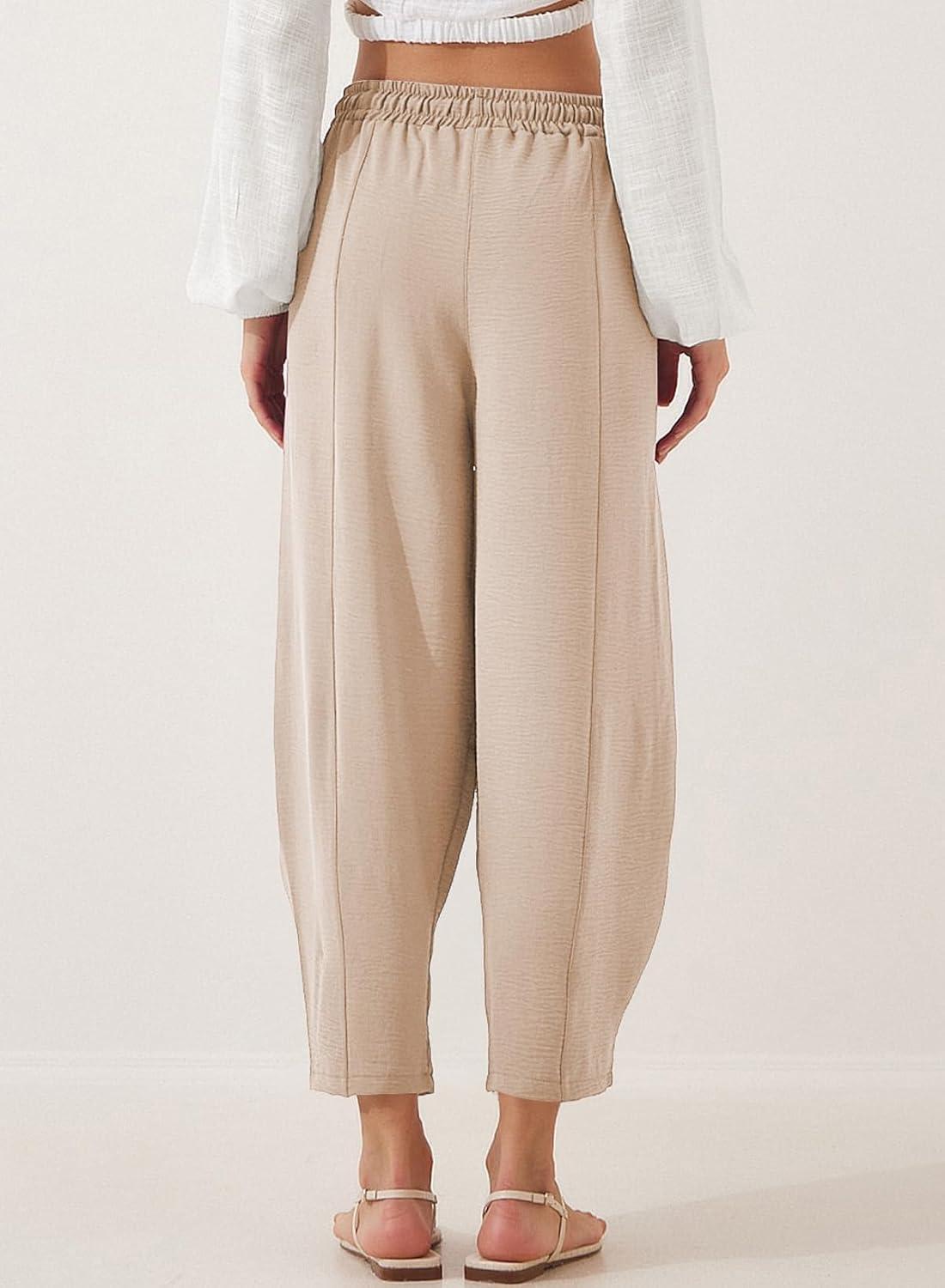 imageEVALESS Womens Summer High Waisted Baggy Pants Casual Ankle Length Trouser Slacks with PocketsApricot