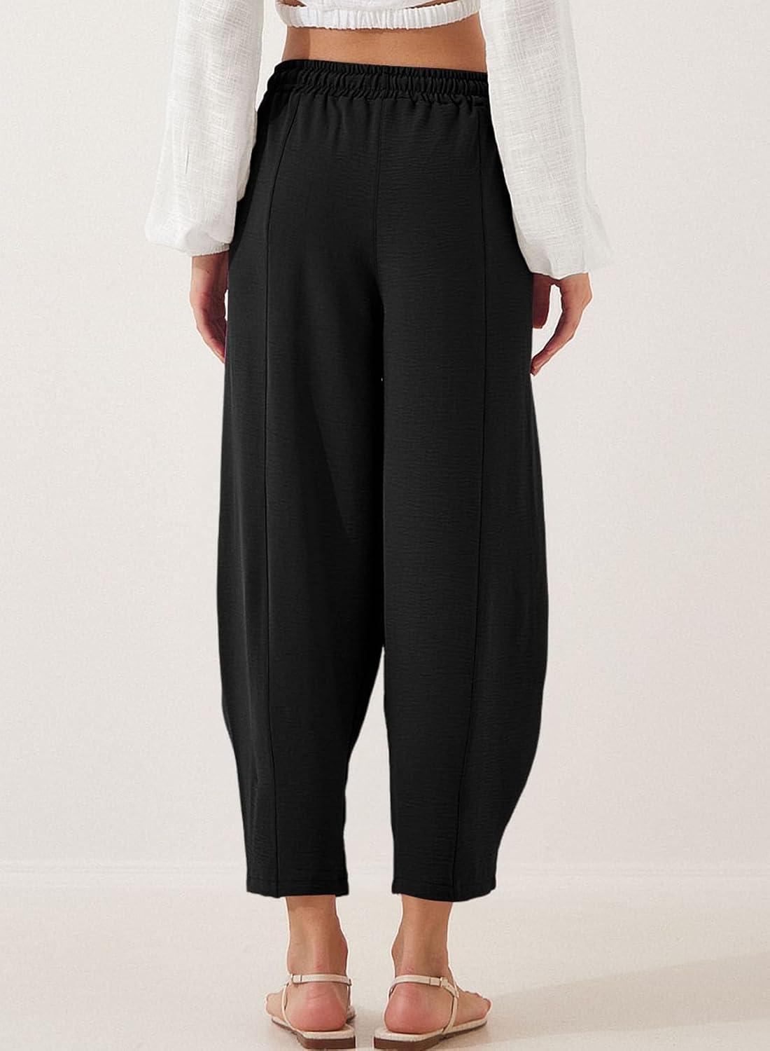 imageEVALESS Womens Summer High Waisted Baggy Pants Casual Ankle Length Trouser Slacks with PocketsBlack