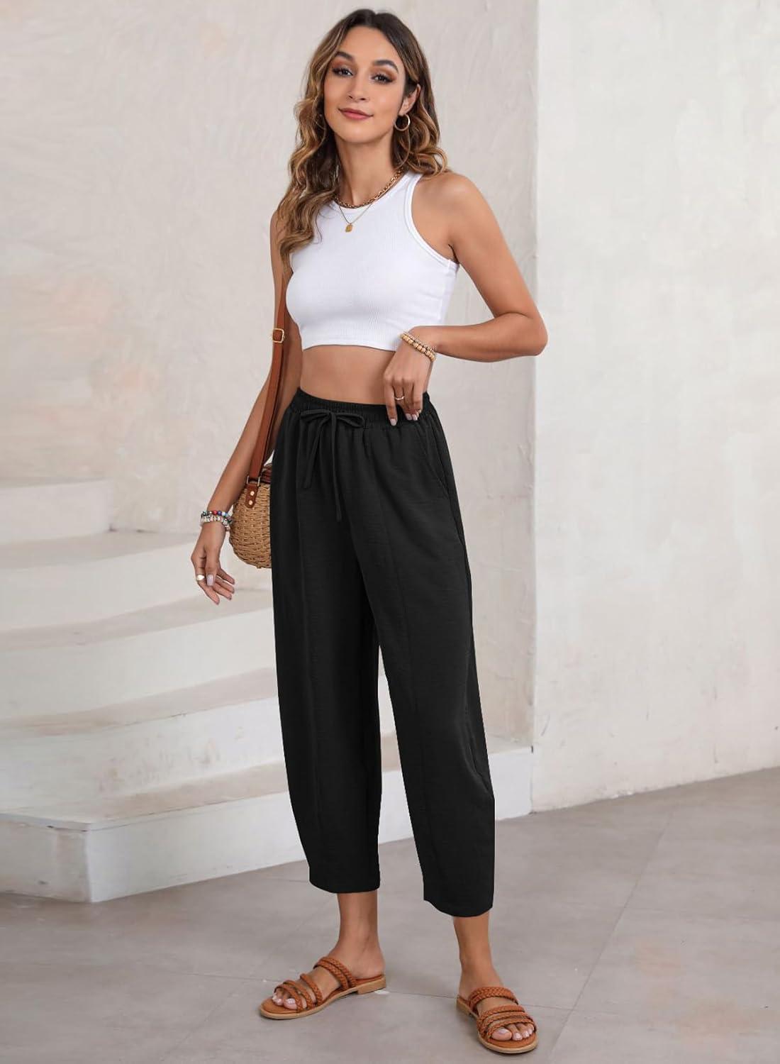 imageEVALESS Womens Summer High Waisted Baggy Pants Casual Ankle Length Trouser Slacks with PocketsBlack