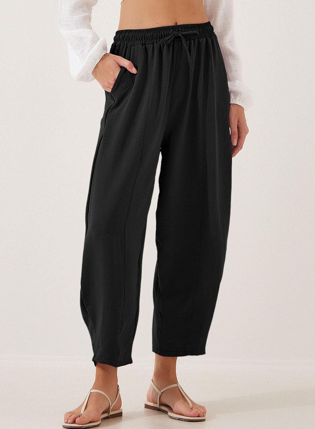 imageEVALESS Womens Summer High Waisted Baggy Pants Casual Ankle Length Trouser Slacks with PocketsBlack
