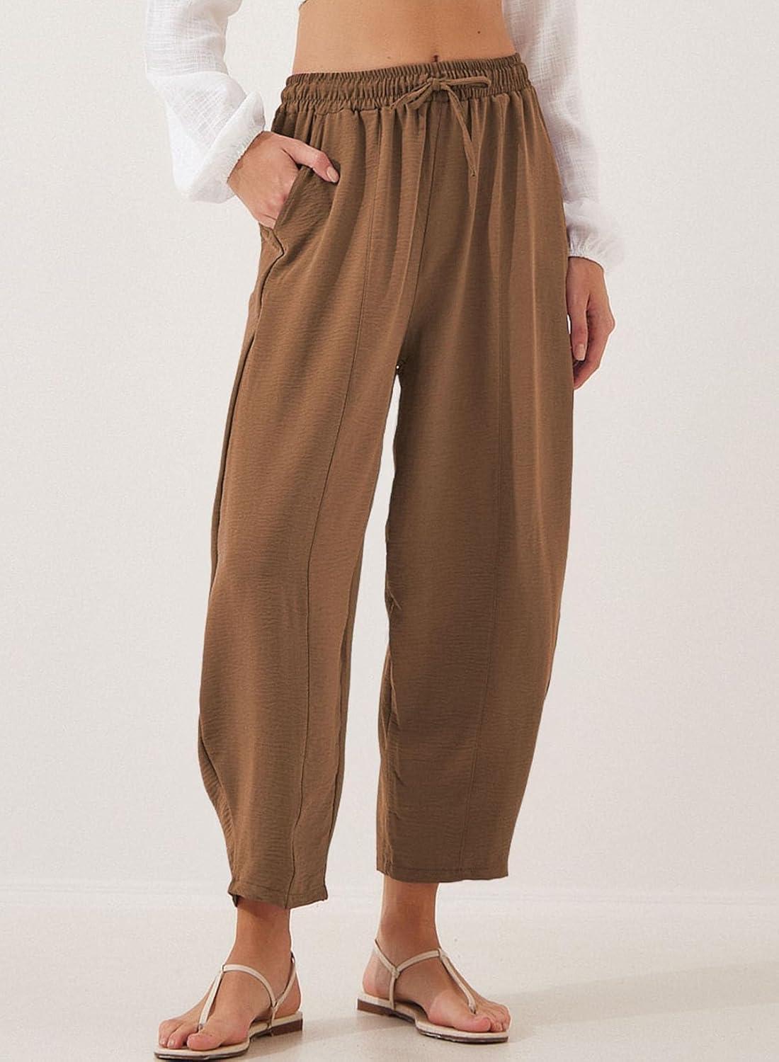 imageEVALESS Womens Summer High Waisted Baggy Pants Casual Ankle Length Trouser Slacks with PocketsChestnut