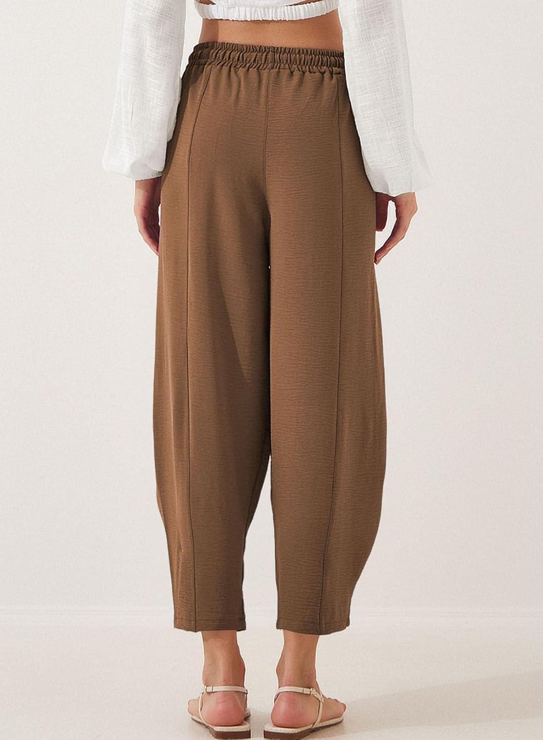 imageEVALESS Womens Summer High Waisted Baggy Pants Casual Ankle Length Trouser Slacks with PocketsChestnut