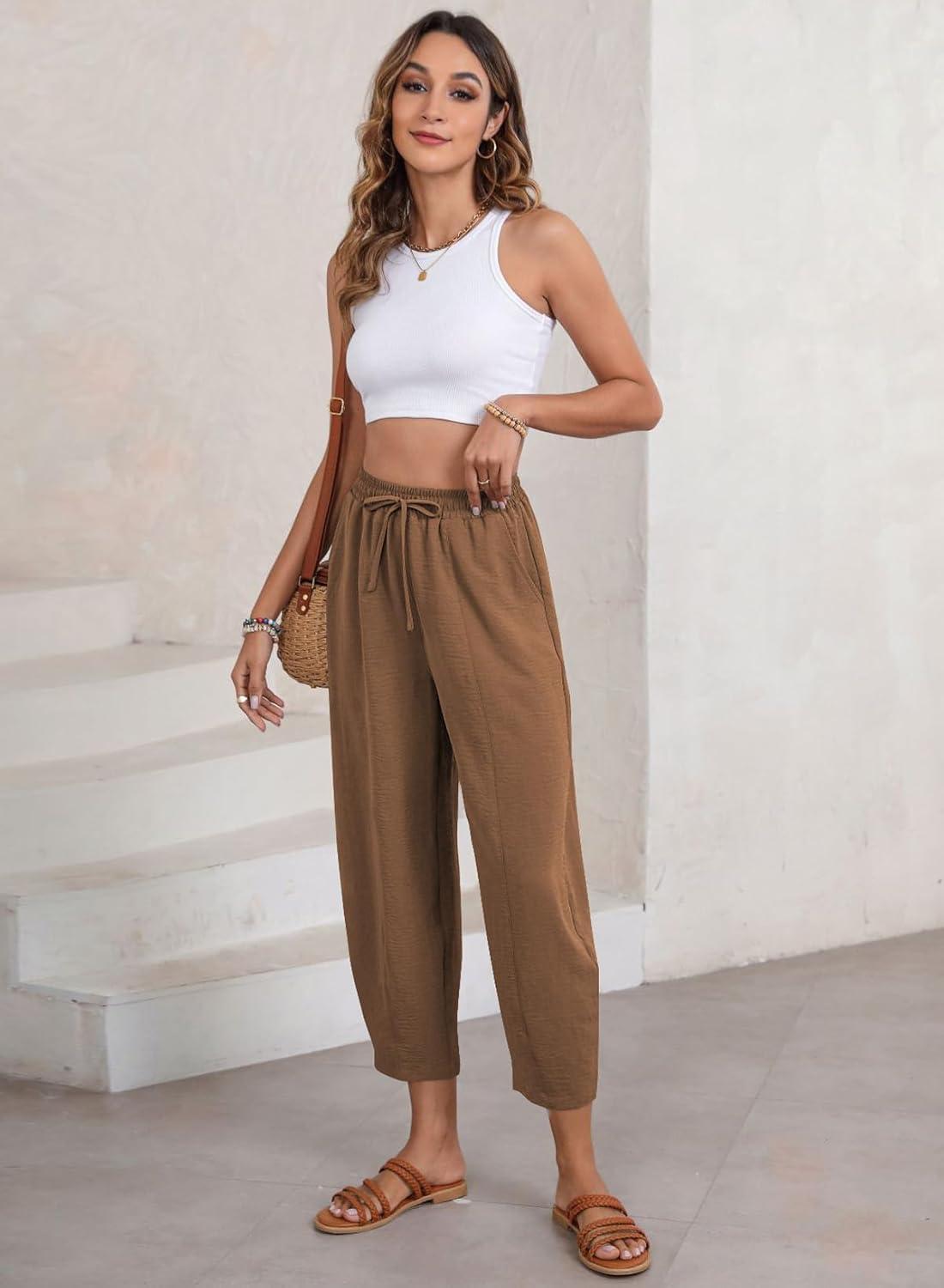 imageEVALESS Womens Summer High Waisted Baggy Pants Casual Ankle Length Trouser Slacks with PocketsChestnut