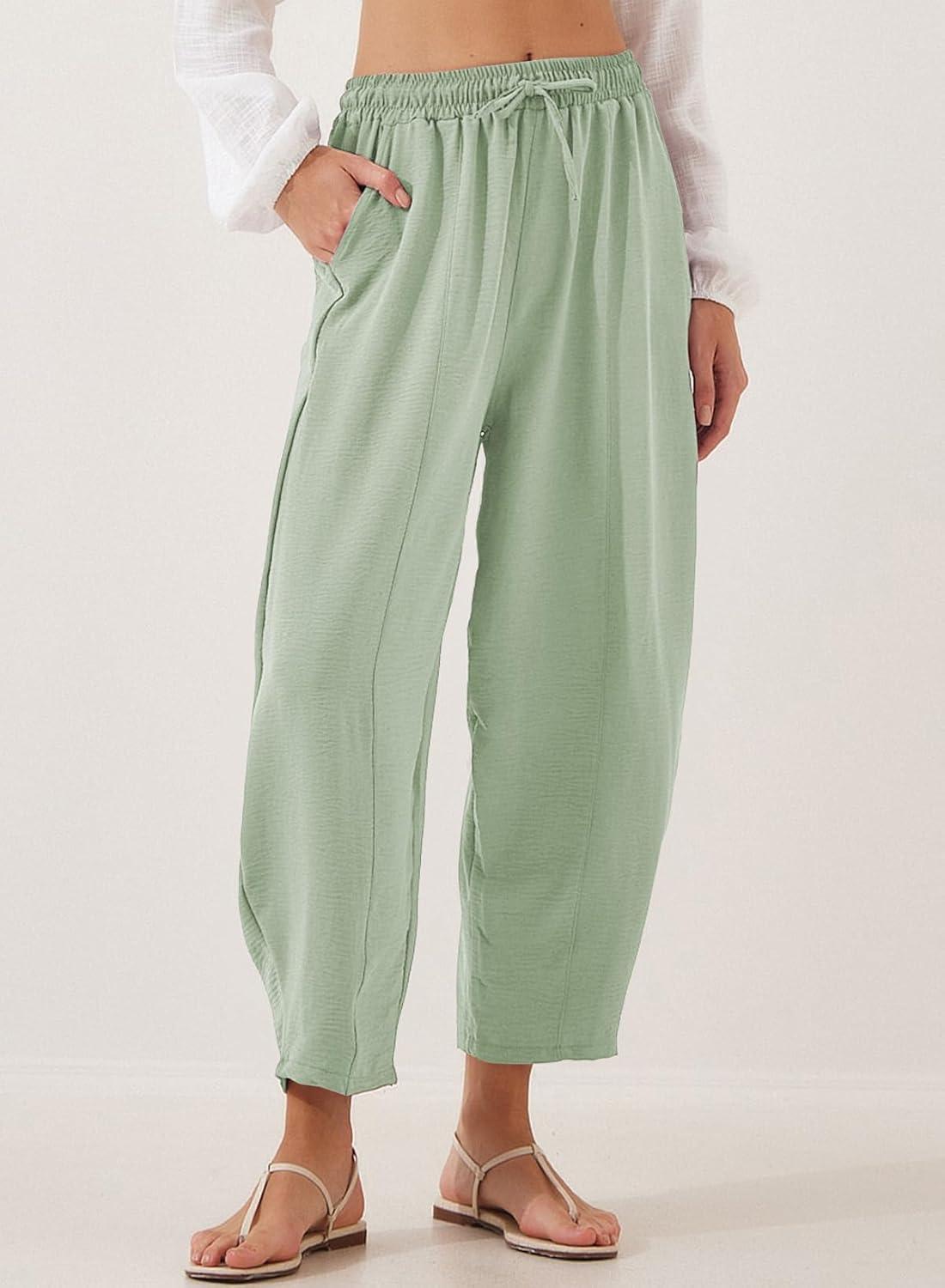imageEVALESS Womens Summer High Waisted Baggy Pants Casual Ankle Length Trouser Slacks with PocketsClearly Aqua