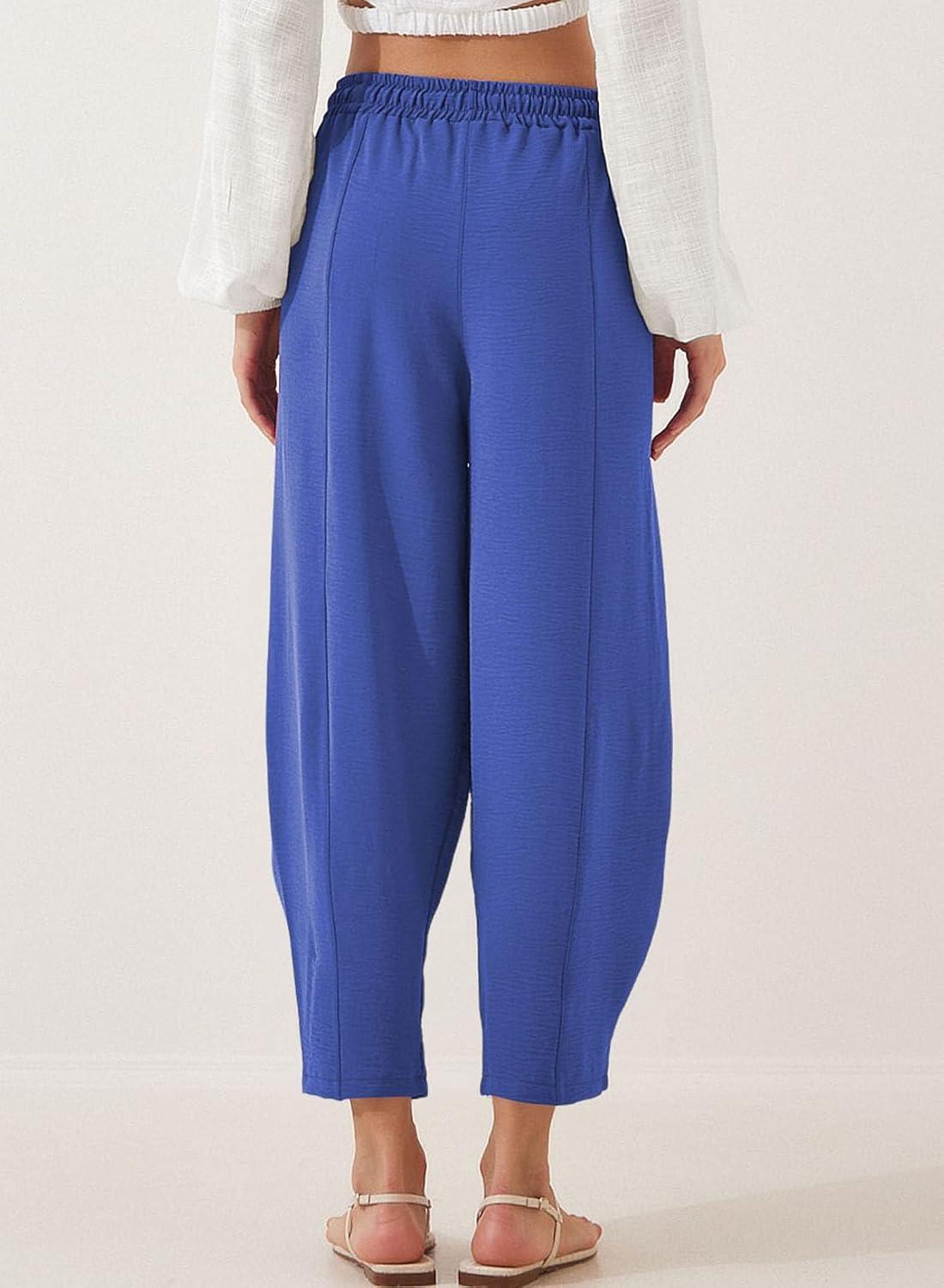 imageEVALESS Womens Summer High Waisted Baggy Pants Casual Ankle Length Trouser Slacks with PocketsDark Blue