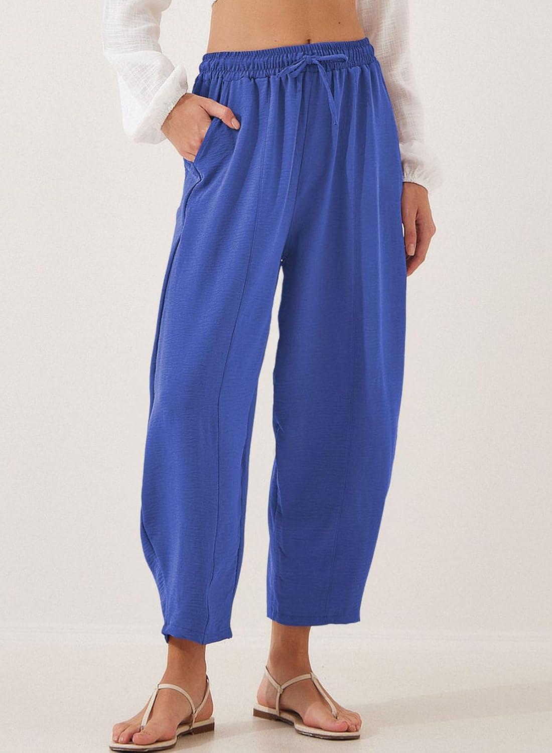 imageEVALESS Womens Summer High Waisted Baggy Pants Casual Ankle Length Trouser Slacks with PocketsDark Blue