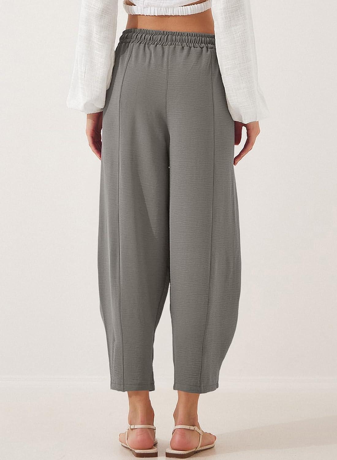 imageEVALESS Womens Summer High Waisted Baggy Pants Casual Ankle Length Trouser Slacks with PocketsDark Grey
