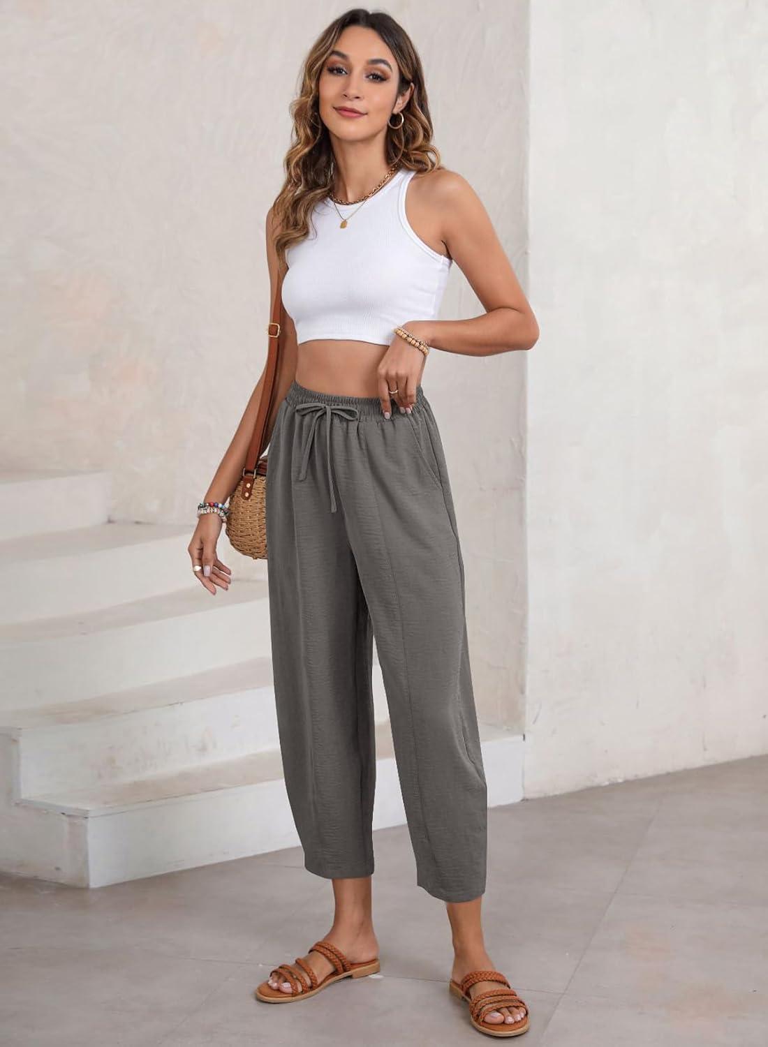 imageEVALESS Womens Summer High Waisted Baggy Pants Casual Ankle Length Trouser Slacks with PocketsDark Grey