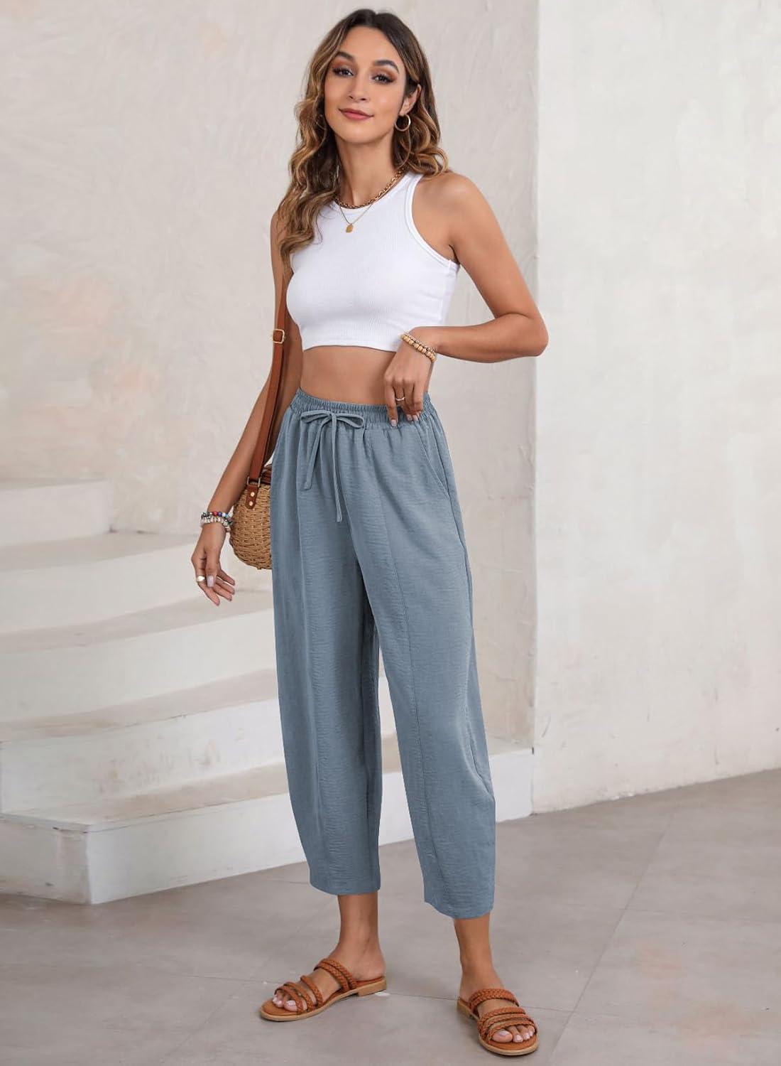 imageEVALESS Womens Summer High Waisted Baggy Pants Casual Ankle Length Trouser Slacks with PocketsDusk Blue