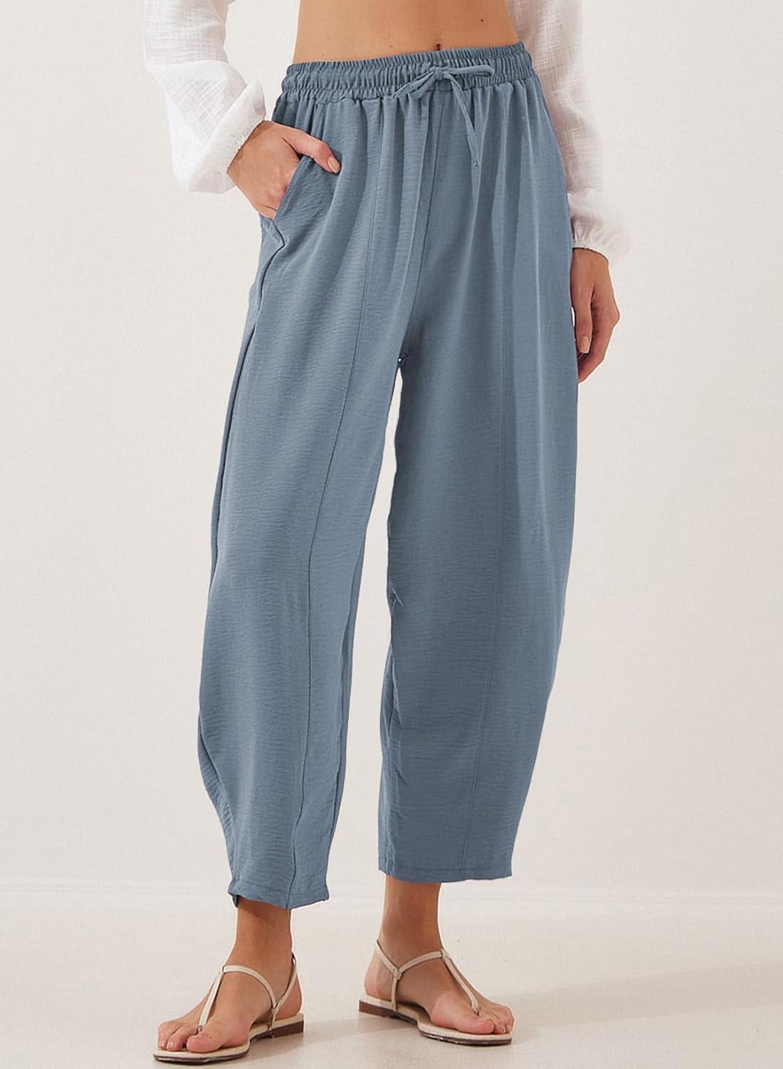 imageEVALESS Womens Summer High Waisted Baggy Pants Casual Ankle Length Trouser Slacks with PocketsDusk Blue