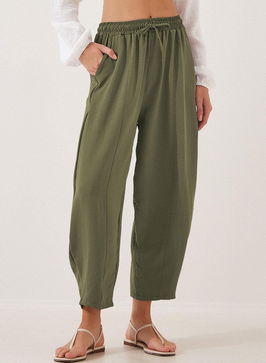 imageEVALESS Womens Summer High Waisted Baggy Pants Casual Ankle Length Trouser Slacks with PocketsJungle Green