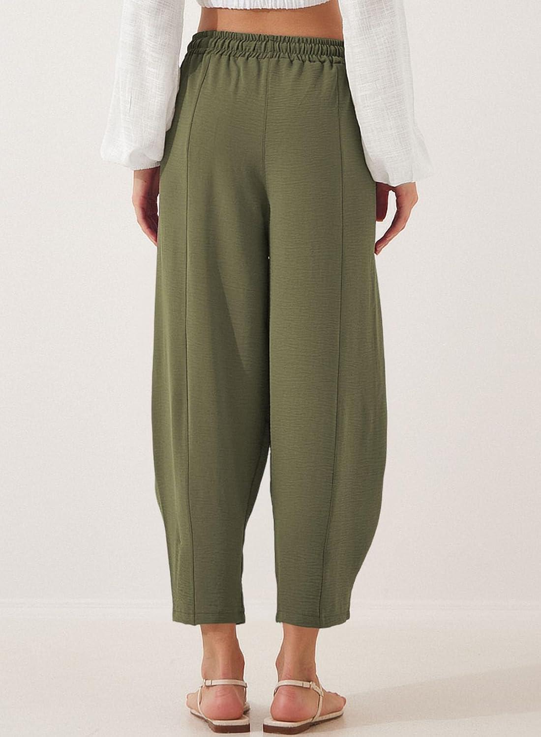 imageEVALESS Womens Summer High Waisted Baggy Pants Casual Ankle Length Trouser Slacks with PocketsJungle Green