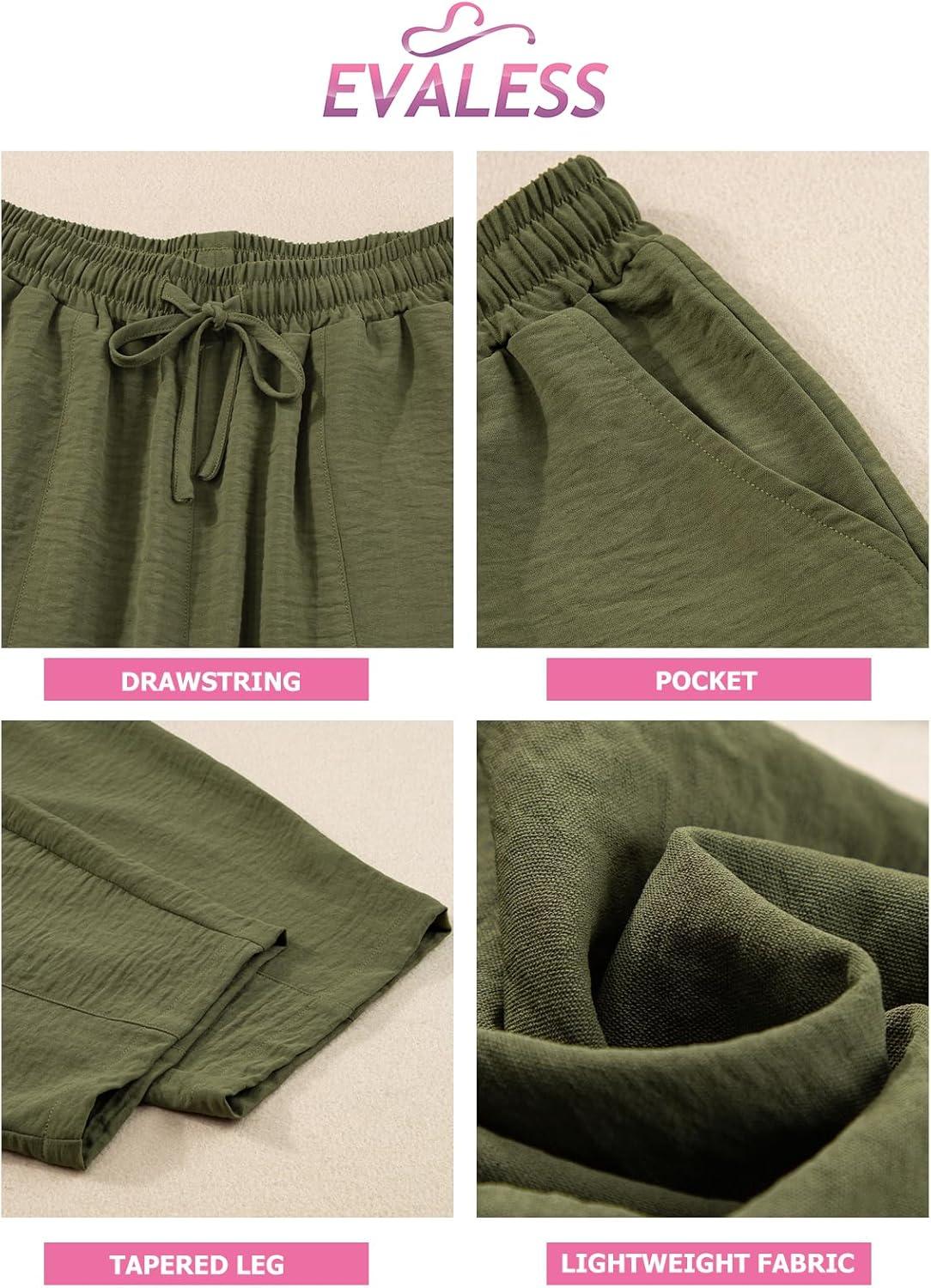 imageEVALESS Womens Summer High Waisted Baggy Pants Casual Ankle Length Trouser Slacks with PocketsJungle Green
