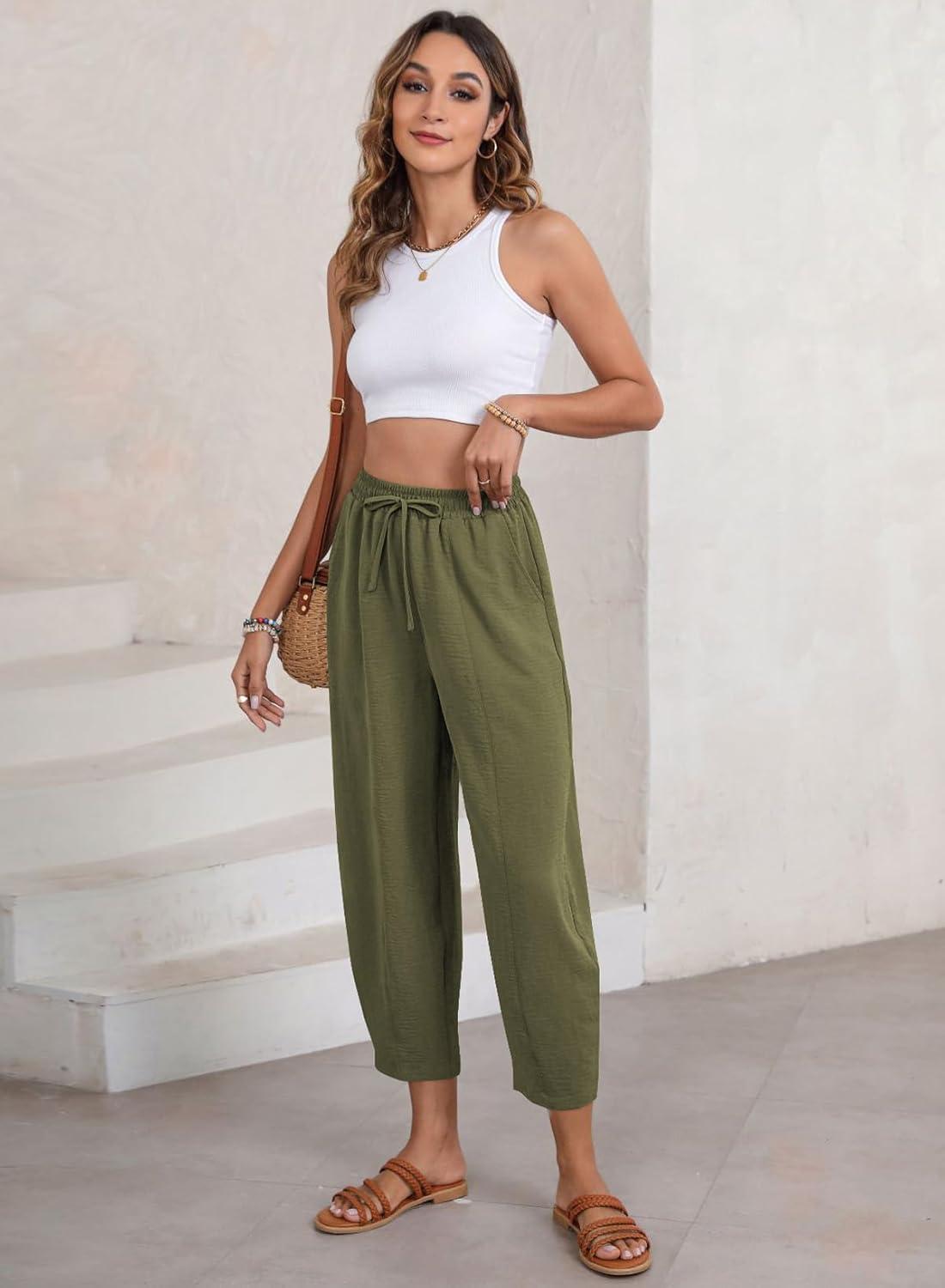 imageEVALESS Womens Summer High Waisted Baggy Pants Casual Ankle Length Trouser Slacks with PocketsJungle Green