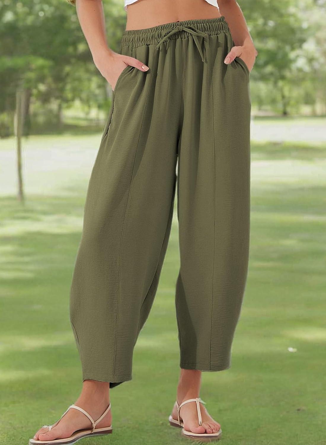 imageEVALESS Womens Summer High Waisted Baggy Pants Casual Ankle Length Trouser Slacks with PocketsJungle Green
