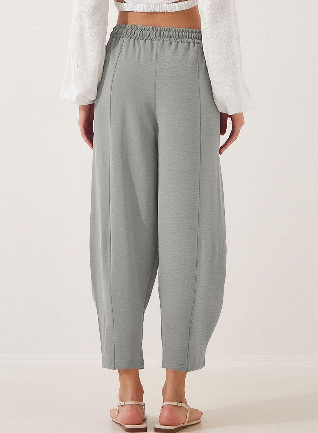 imageEVALESS Womens Summer High Waisted Baggy Pants Casual Ankle Length Trouser Slacks with PocketsMedium Grey