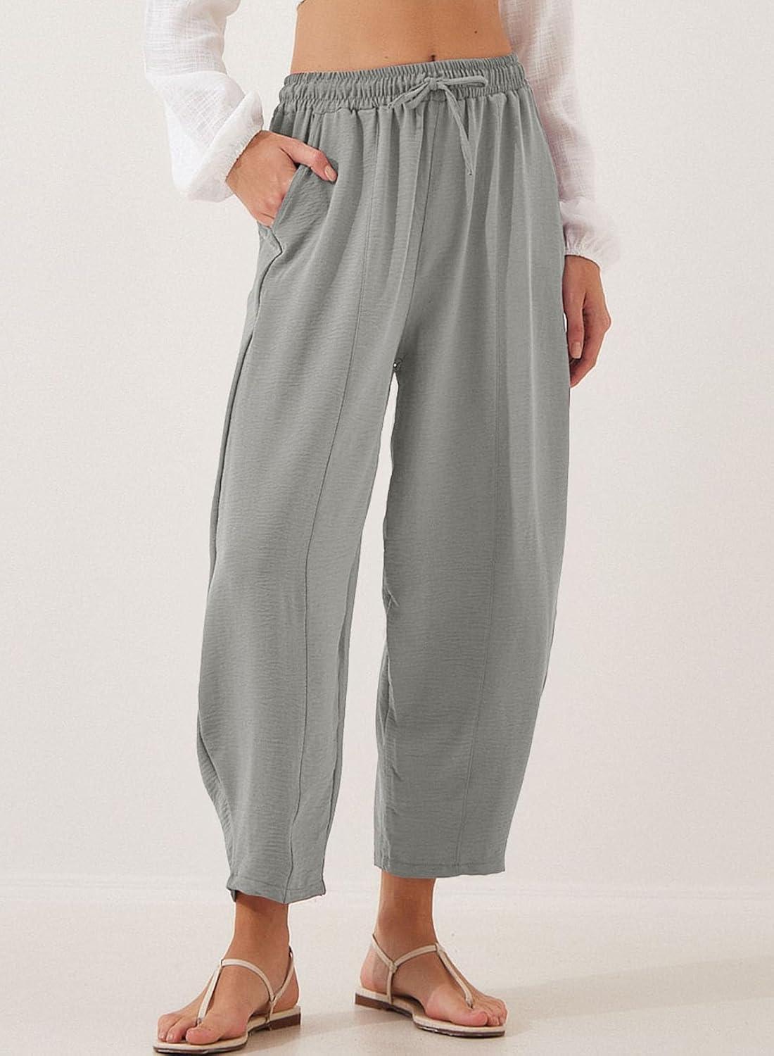imageEVALESS Womens Summer High Waisted Baggy Pants Casual Ankle Length Trouser Slacks with PocketsMedium Grey