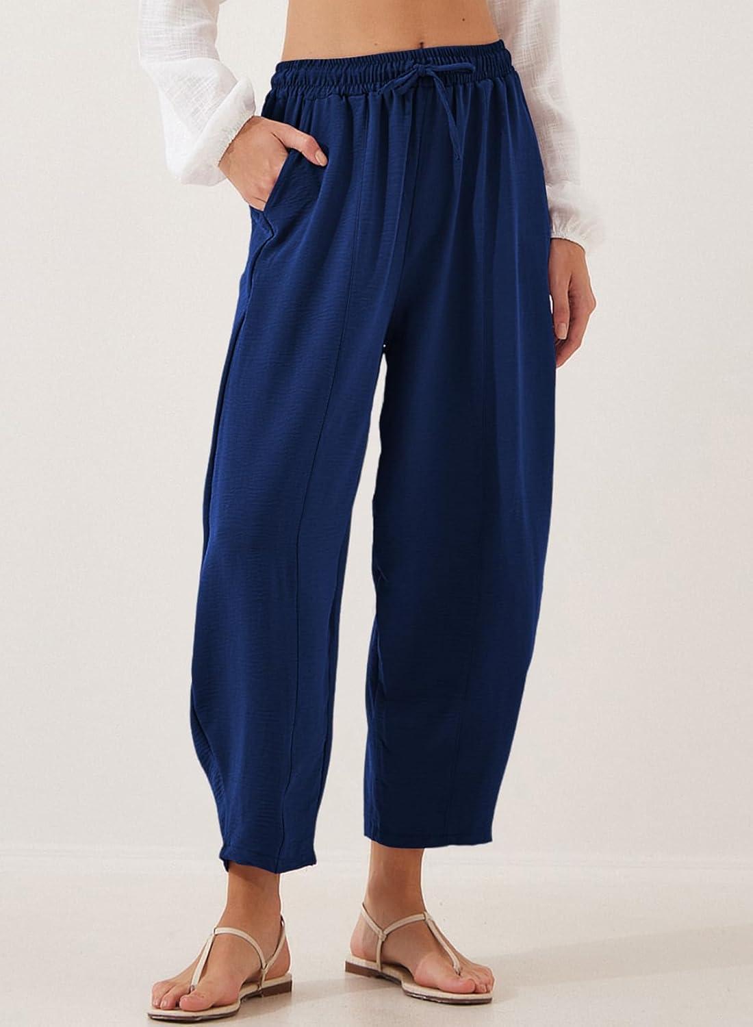 imageEVALESS Womens Summer High Waisted Baggy Pants Casual Ankle Length Trouser Slacks with PocketsNavy Blue