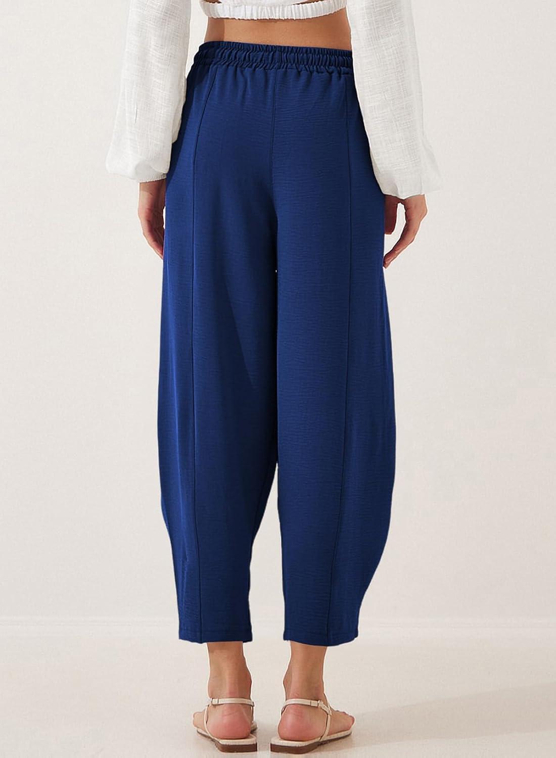 imageEVALESS Womens Summer High Waisted Baggy Pants Casual Ankle Length Trouser Slacks with PocketsNavy Blue