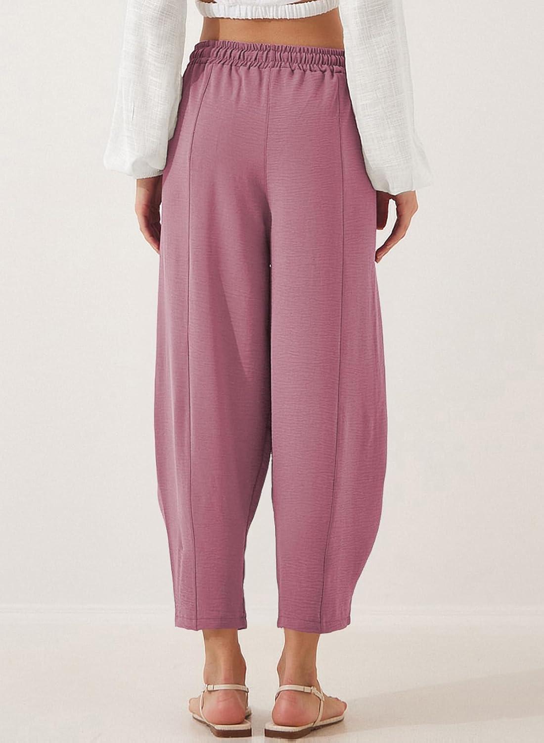 imageEVALESS Womens Summer High Waisted Baggy Pants Casual Ankle Length Trouser Slacks with PocketsRose Pink