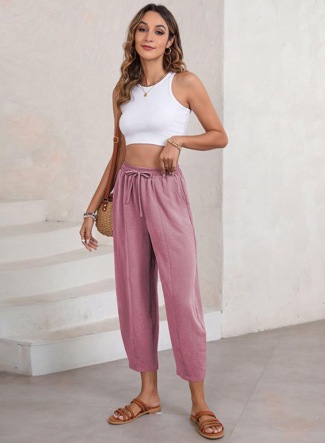 imageEVALESS Womens Summer High Waisted Baggy Pants Casual Ankle Length Trouser Slacks with PocketsRose Pink