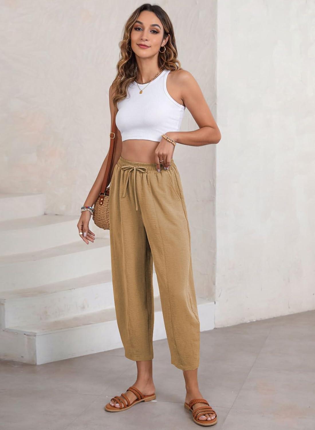 imageEVALESS Womens Summer High Waisted Baggy Pants Casual Ankle Length Trouser Slacks with PocketsSmoke Gray