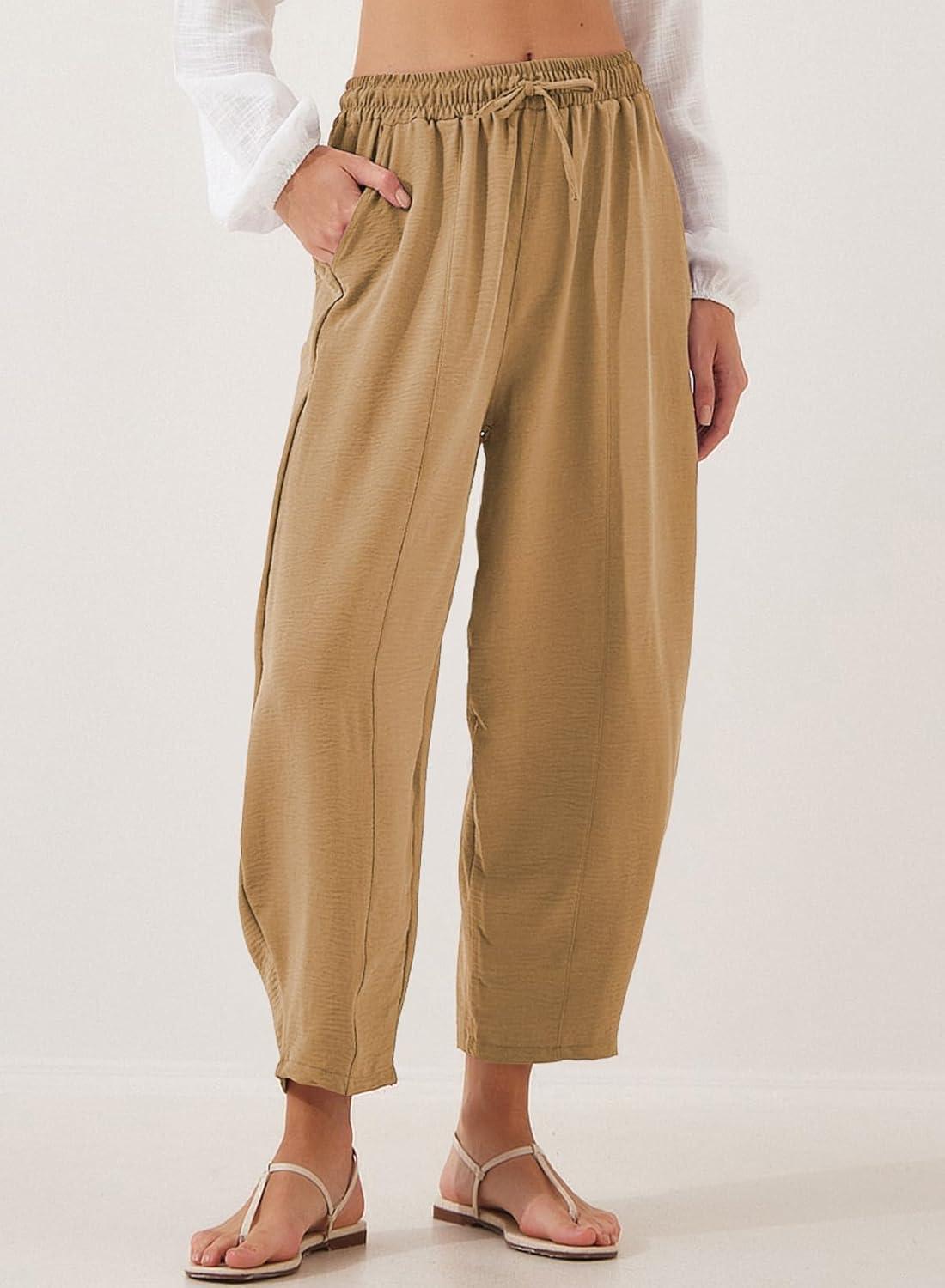 imageEVALESS Womens Summer High Waisted Baggy Pants Casual Ankle Length Trouser Slacks with PocketsSmoke Gray