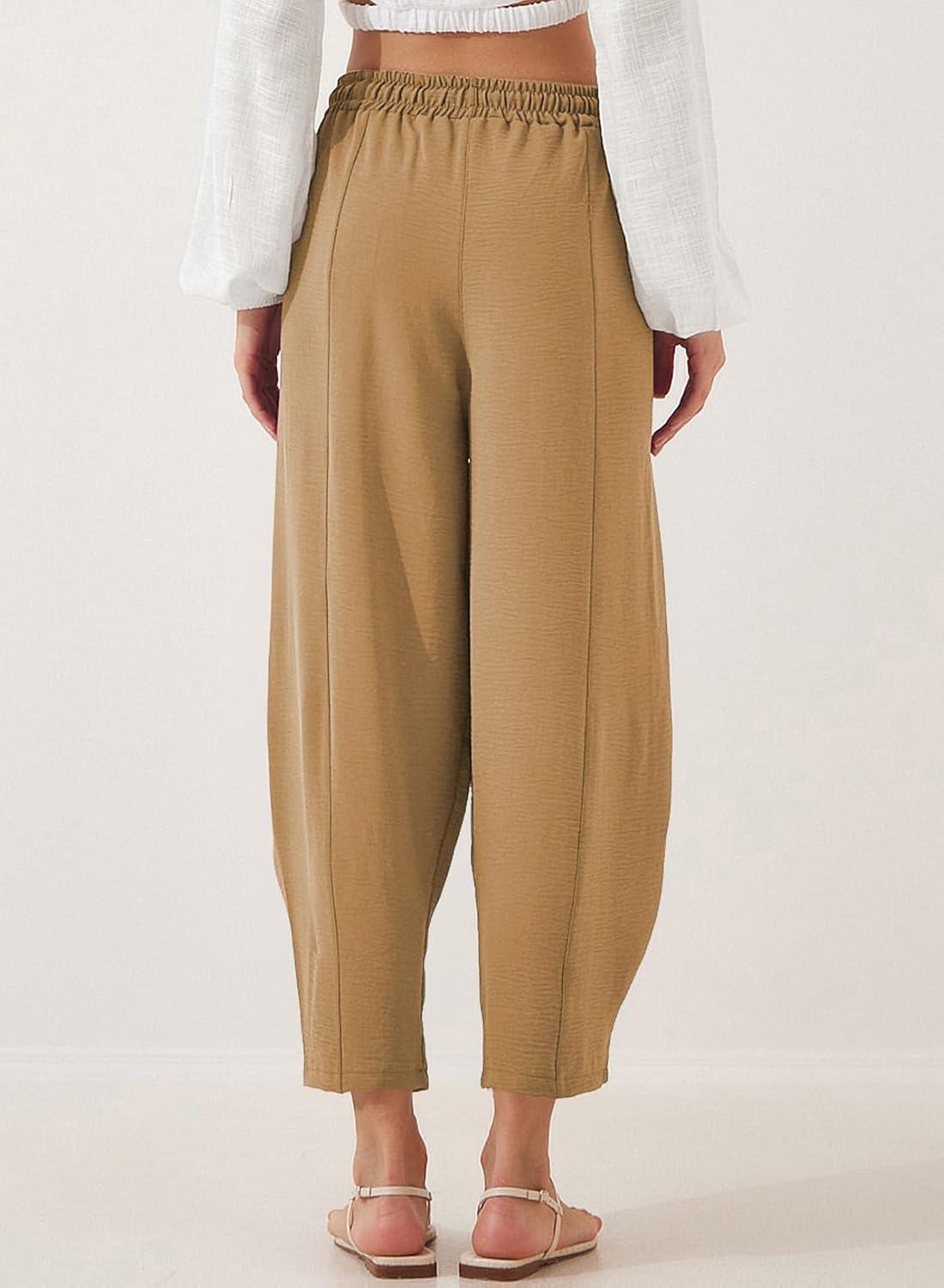 imageEVALESS Womens Summer High Waisted Baggy Pants Casual Ankle Length Trouser Slacks with PocketsSmoke Gray