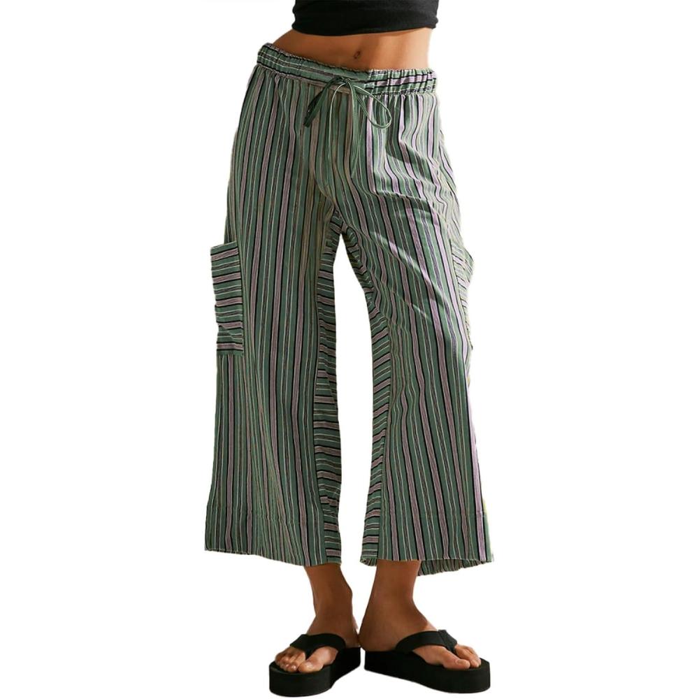imageEVALESS Women Palazzo Pants Summer Casual Wide Leg High Waist Lounge Flowy Beach Striped Trousers Travel Vacation OutfitsVineyard Green