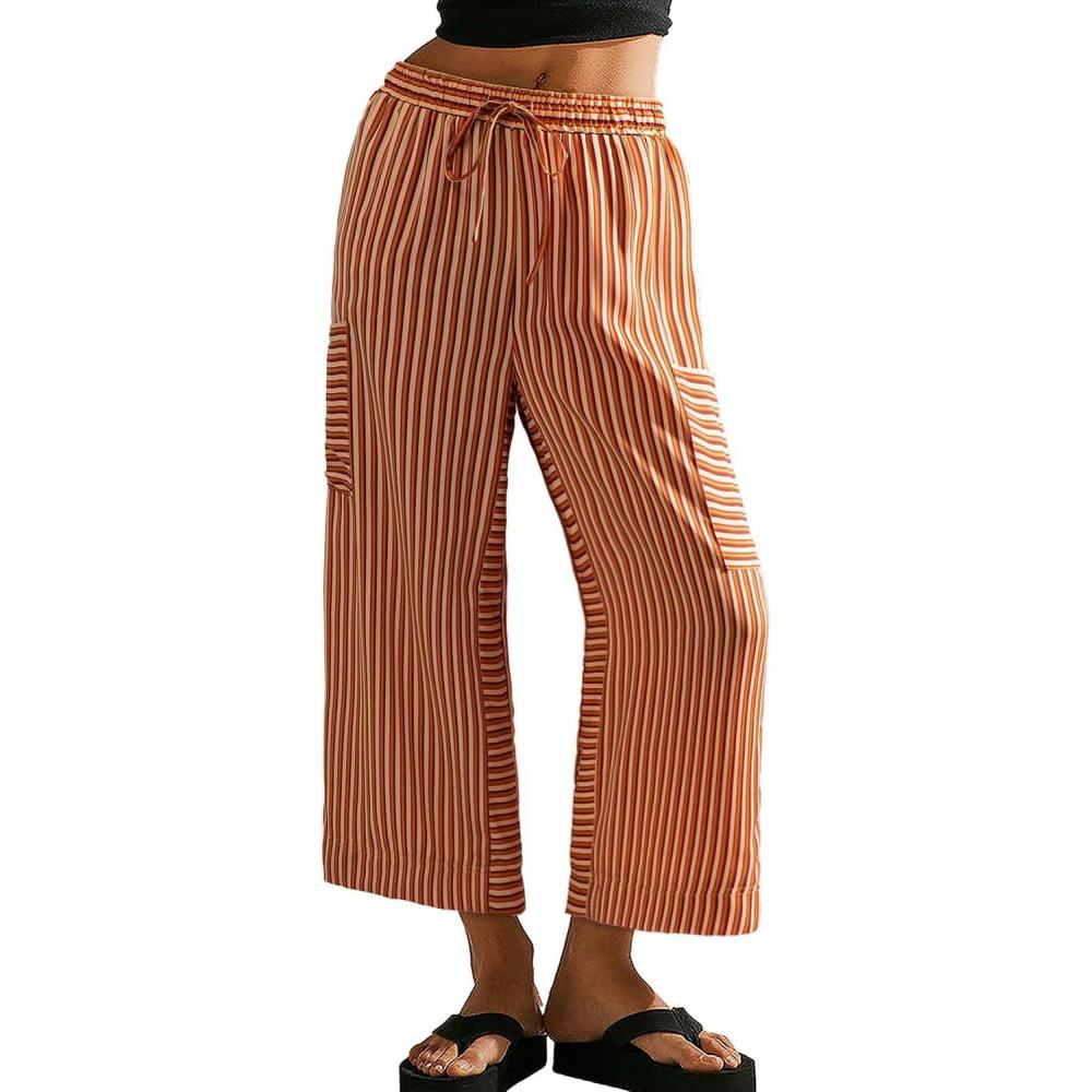 imageEVALESS Women Palazzo Pants Summer Casual Wide Leg High Waist Lounge Flowy Beach Striped Trousers Travel Vacation OutfitsYellow Stripe