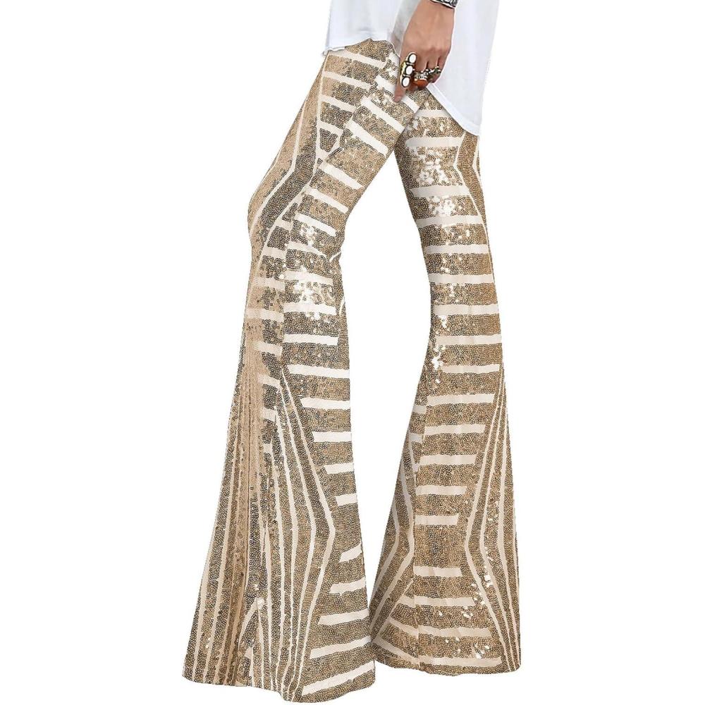 imageEVALESS Women Sequin Pants Sparkly Glitter High Waisted Wide Leg Flare Trousers Bell Bottom Night Out ClubwearApricot