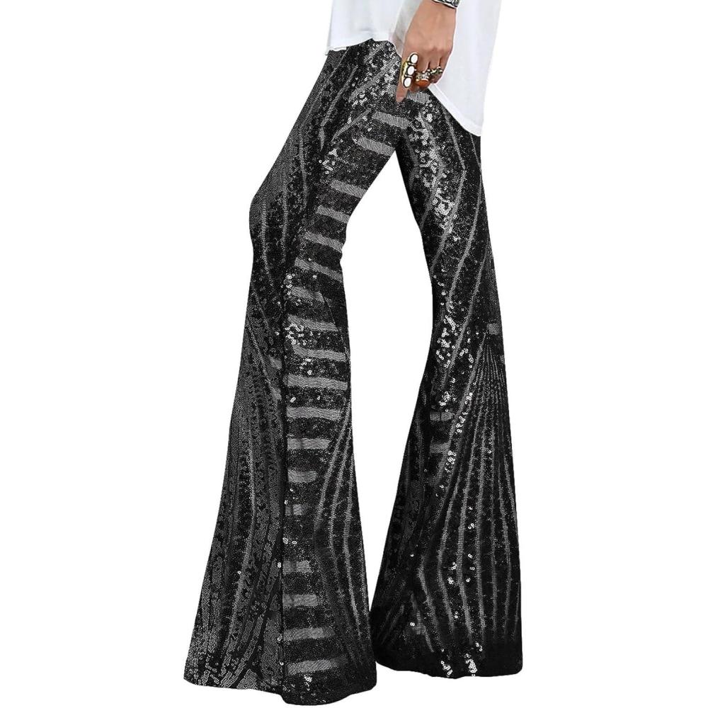 imageEVALESS Women Sequin Pants Sparkly Glitter High Waisted Wide Leg Flare Trousers Bell Bottom Night Out ClubwearBlackwhite