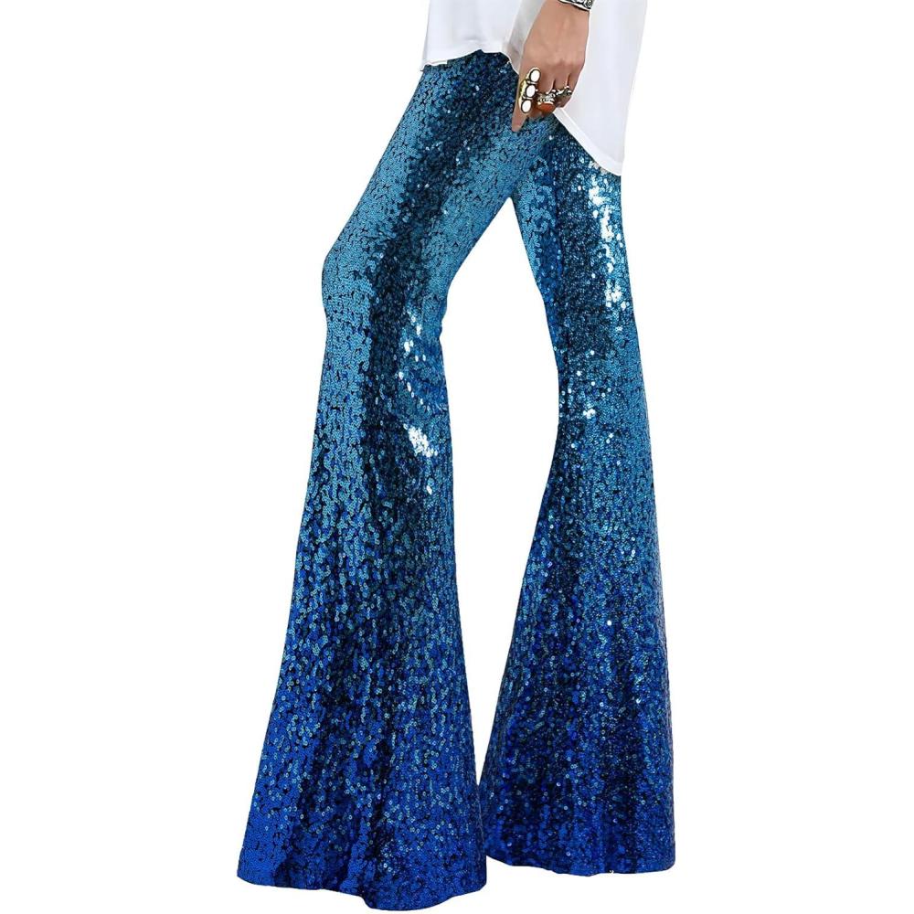 imageEVALESS Women Sequin Pants Sparkly Glitter High Waisted Wide Leg Flare Trousers Bell Bottom Night Out ClubwearGradient Blue