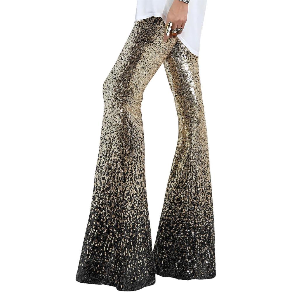 imageEVALESS Women Sequin Pants Sparkly Glitter High Waisted Wide Leg Flare Trousers Bell Bottom Night Out ClubwearGradient Gold Black
