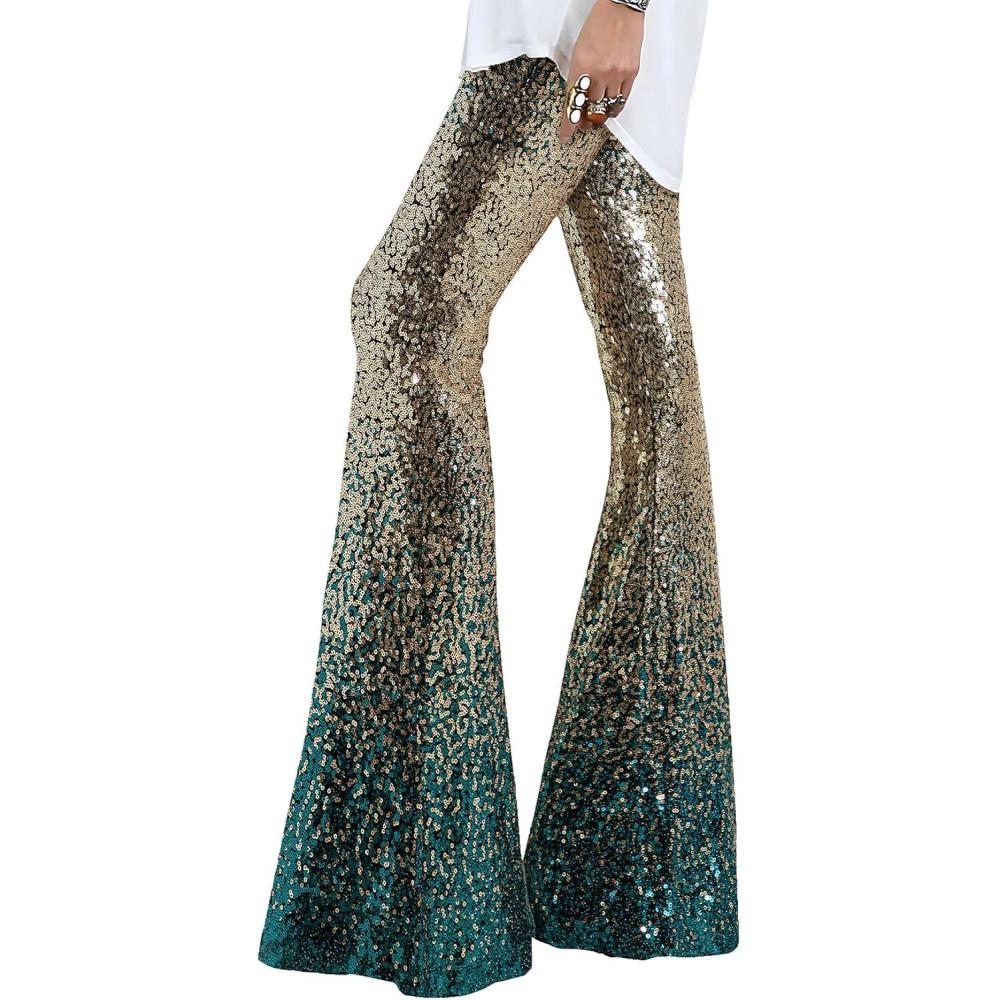 imageEVALESS Women Sequin Pants Sparkly Glitter High Waisted Wide Leg Flare Trousers Bell Bottom Night Out ClubwearGradient Gold Green