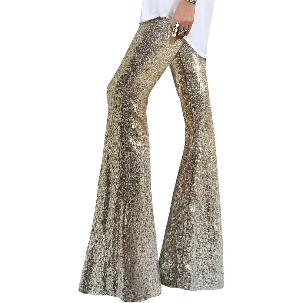 imageEVALESS Women Sequin Pants Sparkly Glitter High Waisted Wide Leg Flare Trousers Bell Bottom Night Out ClubwearGradient Gold Silver