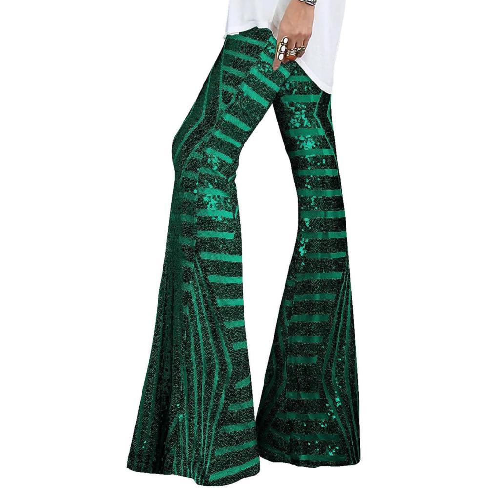 imageEVALESS Women Sequin Pants Sparkly Glitter High Waisted Wide Leg Flare Trousers Bell Bottom Night Out ClubwearGreen