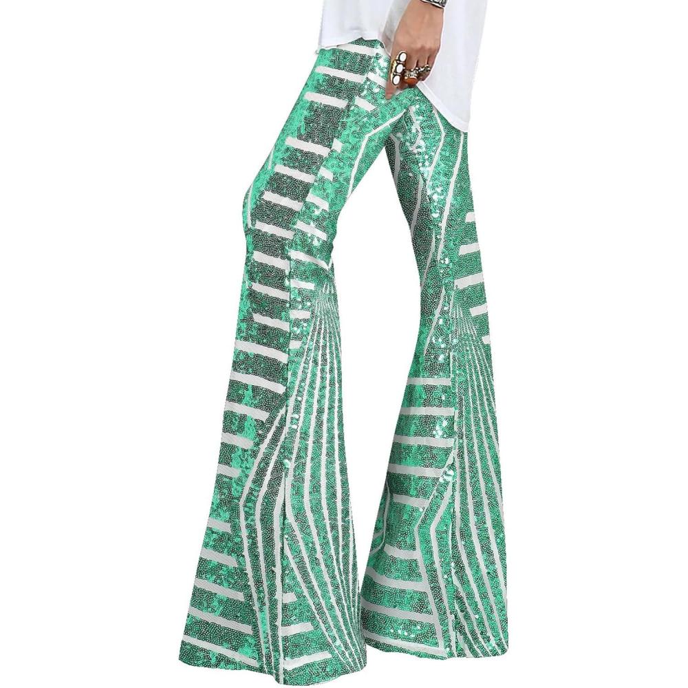 imageEVALESS Women Sequin Pants Sparkly Glitter High Waisted Wide Leg Flare Trousers Bell Bottom Night Out ClubwearLight Green