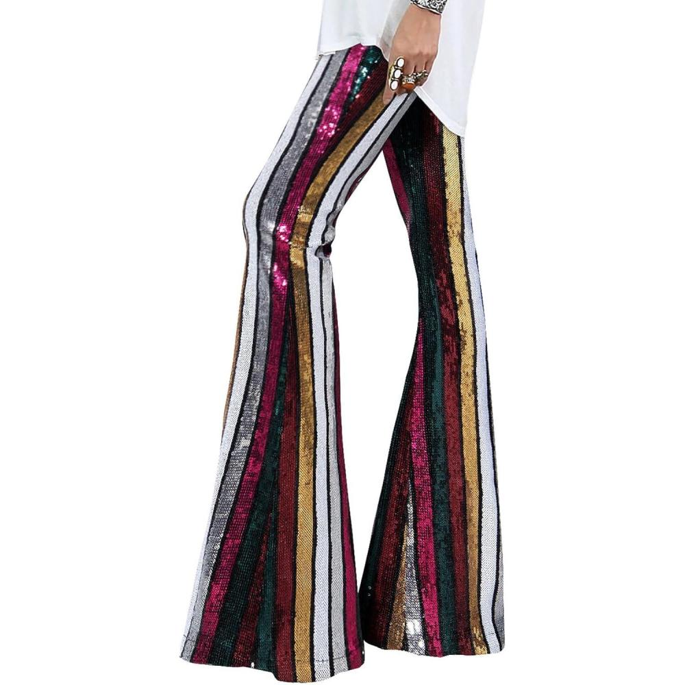 imageEVALESS Women Sequin Pants Sparkly Glitter High Waisted Wide Leg Flare Trousers Bell Bottom Night Out ClubwearRose Red
