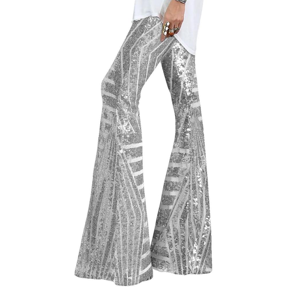 imageEVALESS Women Sequin Pants Sparkly Glitter High Waisted Wide Leg Flare Trousers Bell Bottom Night Out ClubwearSilver