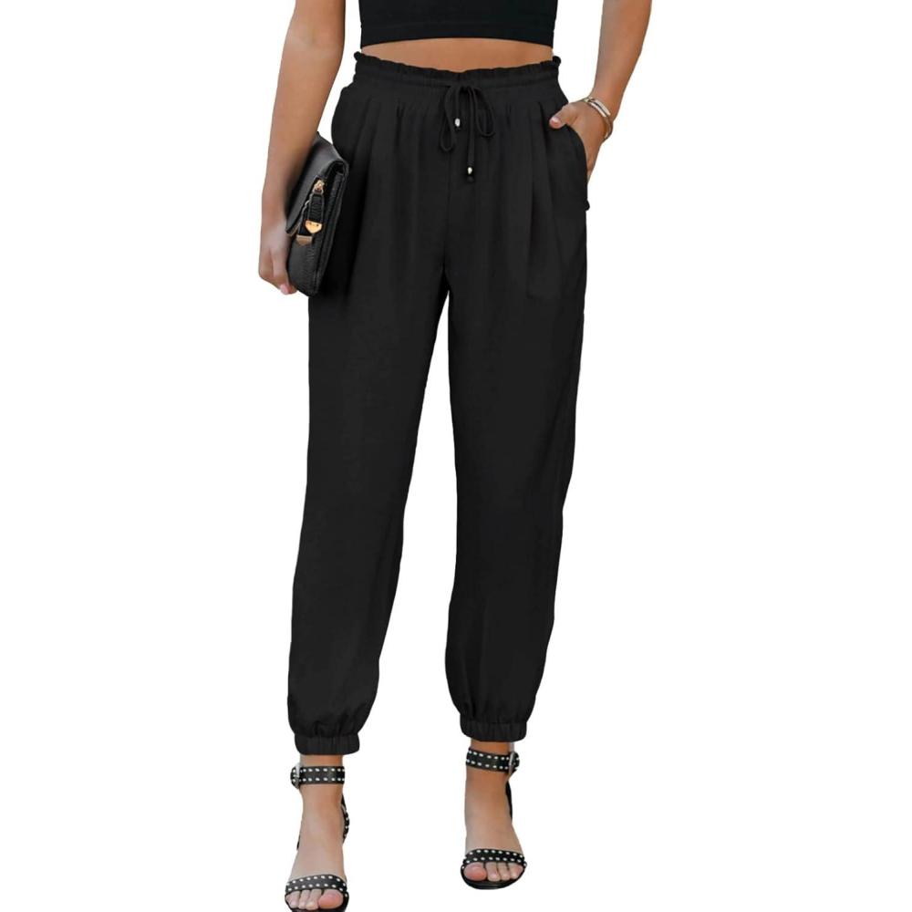 imageEVALESS Womens 2025 Summer Casual Pants Drawstring Elastic High Waisted Work Trousers Joggers Trendy Harem Pants with PocketsB Black