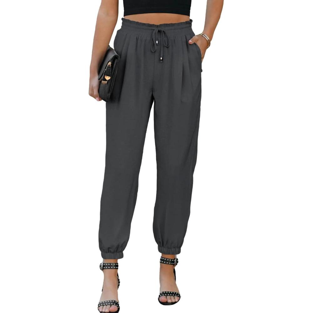 imageEVALESS Womens 2025 Summer Casual Pants Drawstring Elastic High Waisted Work Trousers Joggers Trendy Harem Pants with PocketsB Gray01
