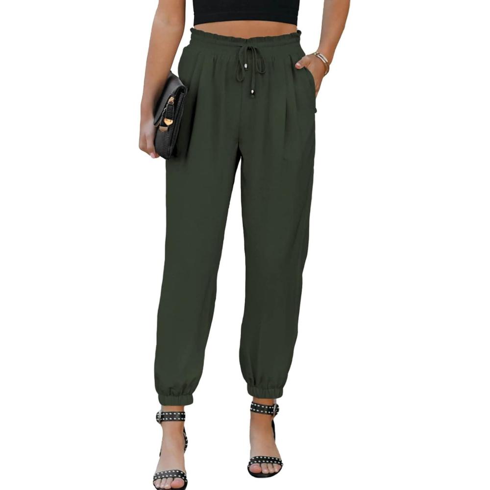 imageEVALESS Womens 2025 Summer Casual Pants Drawstring Elastic High Waisted Work Trousers Joggers Trendy Harem Pants with PocketsB Green