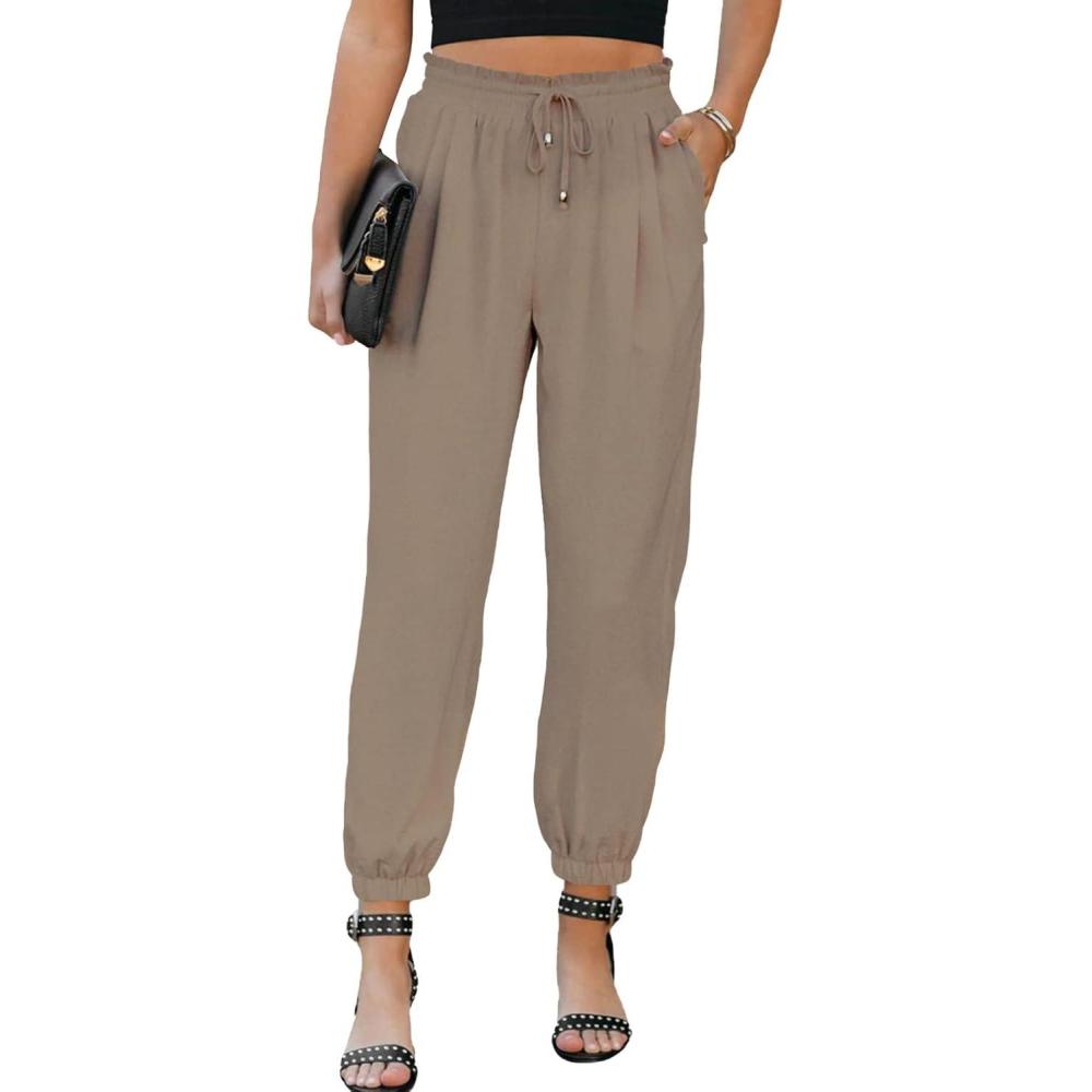 imageEVALESS Womens 2025 Summer Casual Pants Drawstring Elastic High Waisted Work Trousers Joggers Trendy Harem Pants with PocketsB Khaki