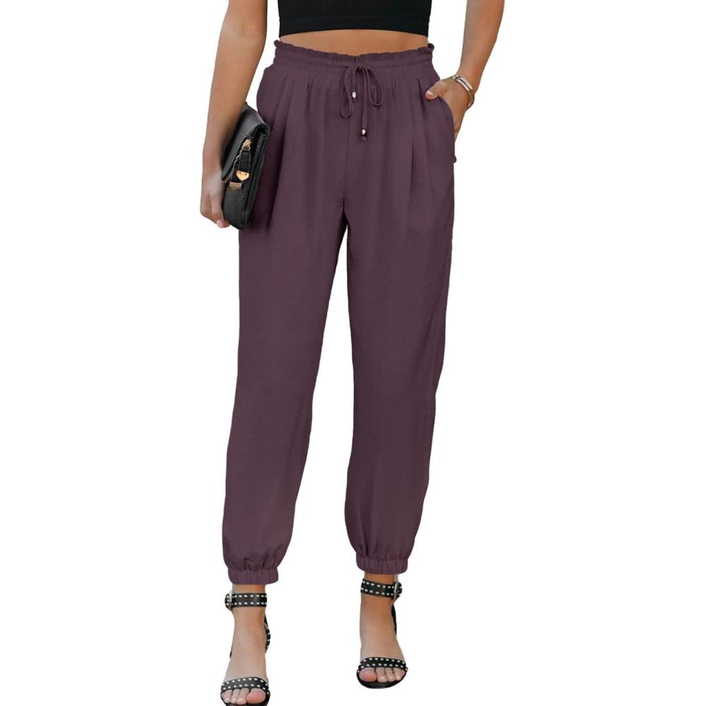 imageEVALESS Womens 2025 Summer Casual Pants Drawstring Elastic High Waisted Work Trousers Joggers Trendy Harem Pants with PocketsB Purple